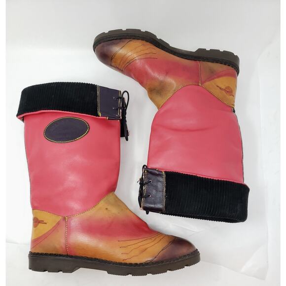 Vintage Leather Foldover Boots Pink Brown Tropical Beach  OOAK England Sz UK 6 - Picture 12 of 16